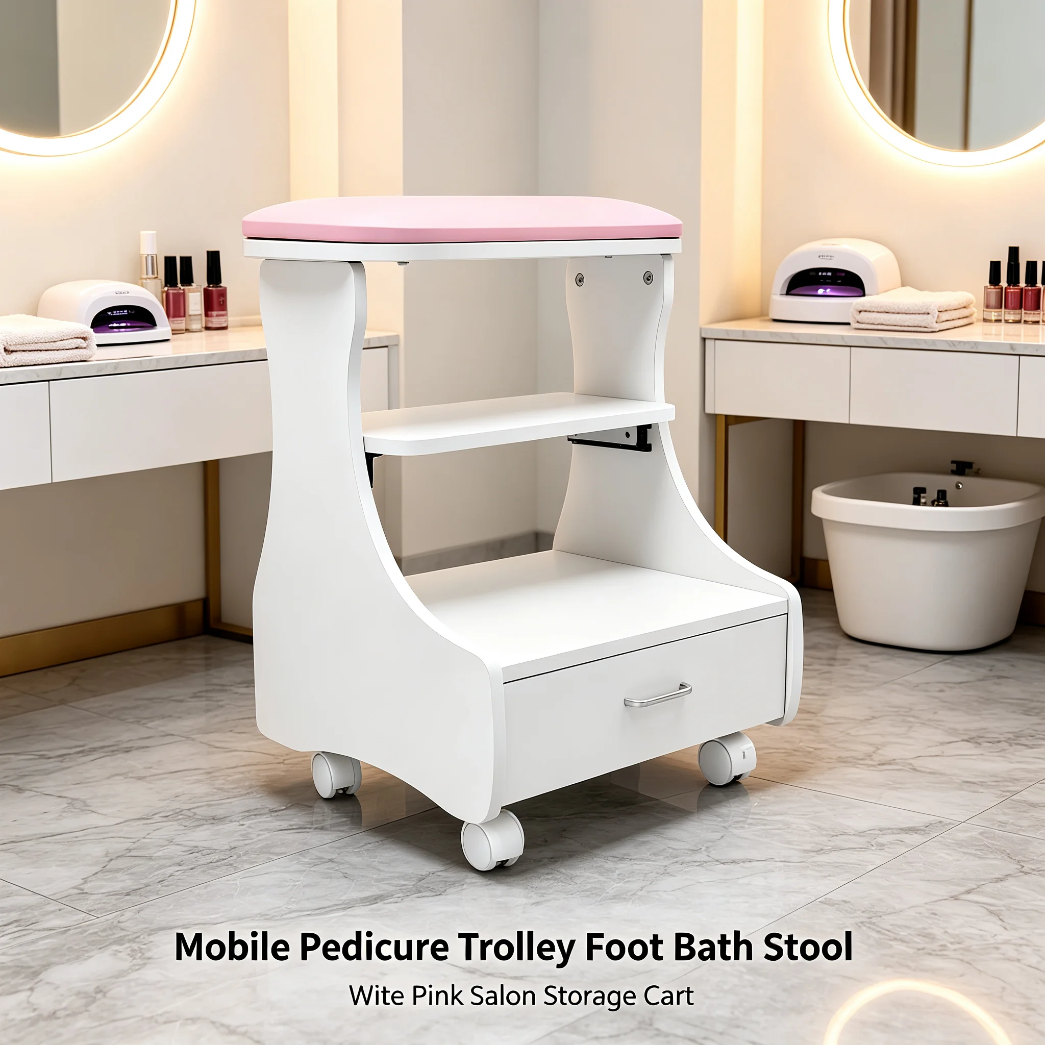 Foot Bath Stool with Wheels, Mobile Pedicure Trolley for Beauty Salon, 44 lbs Load Capacity, White & Pink