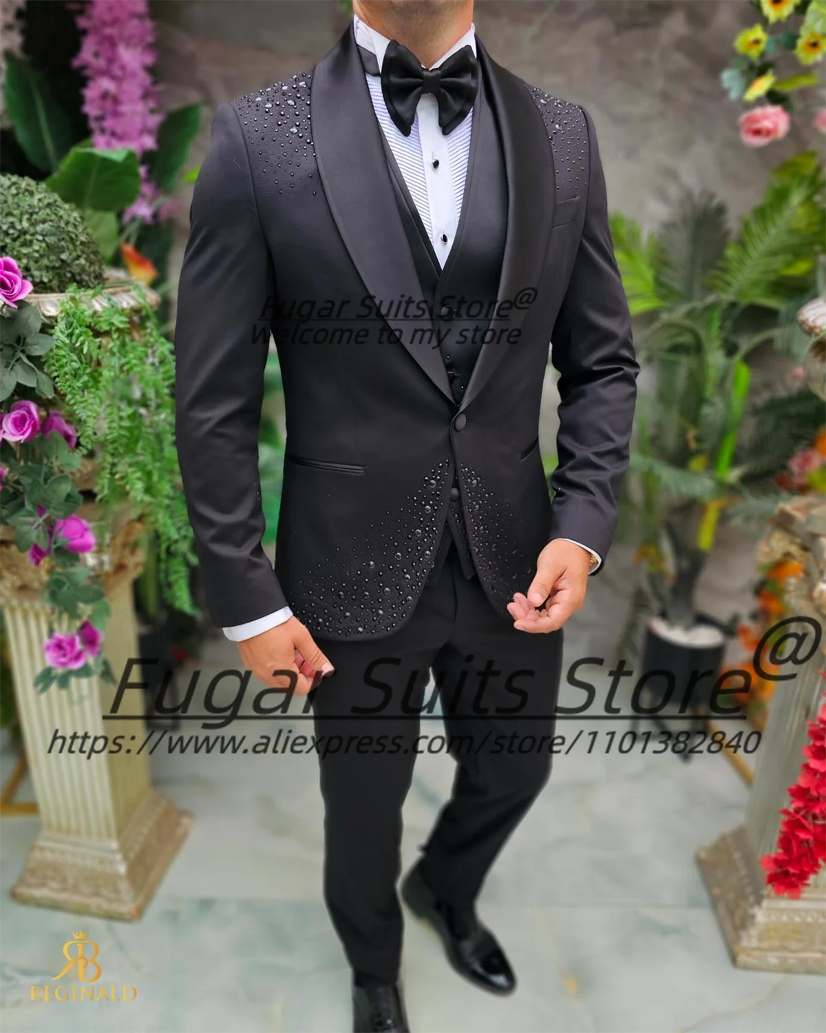 

Black Luxuly Men Suits High-end Beadwork Groom Wedding Tuxedos Customized Slim Fit Shawl Lapel 3 Pcs Sets Classic Costume Homme