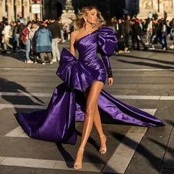 Sexy Cocktail Dresses Purple Big Bow Lantern Sleeve Rhinestone Birthday Party Dresses Sheath One-shoulder Cocktail Gowns Mini