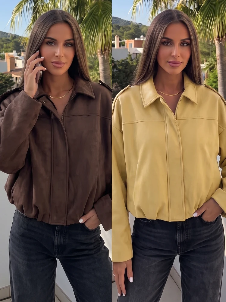 HH Women Classic Fashion Suede Outwear Lapel Solid Loose Long Sleeve Zipper Fly Bomber Jacket 2026 Autumn Female Commuting Coat