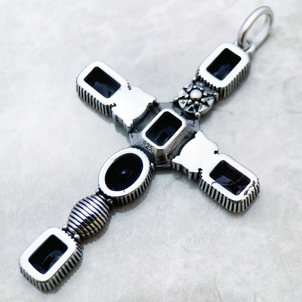 Cross Black Stone Pendant,Brand New 925 Sterling Silver Vintage Jewelry Accessories Graceful Faith Gift For Woman