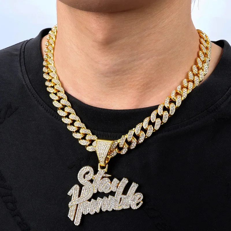 ULJ Shiny Hip Hop  Stay Humble Letter Pendant Necklace Cuban Link Chain for Men Woman Iced Out Bling Chain Jewelry