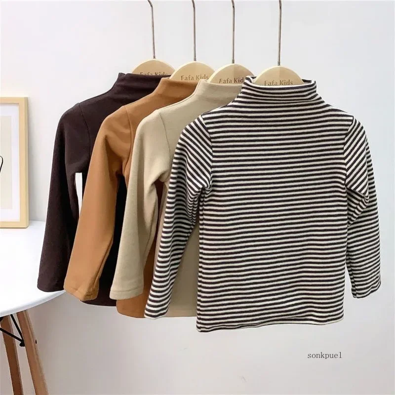 Autumn Winter Baby Boy Girl Baby Solid Long Sleeve Bottoming Shirt Children Turtleneck Casual Tshirt Kid Striped Top Clothes