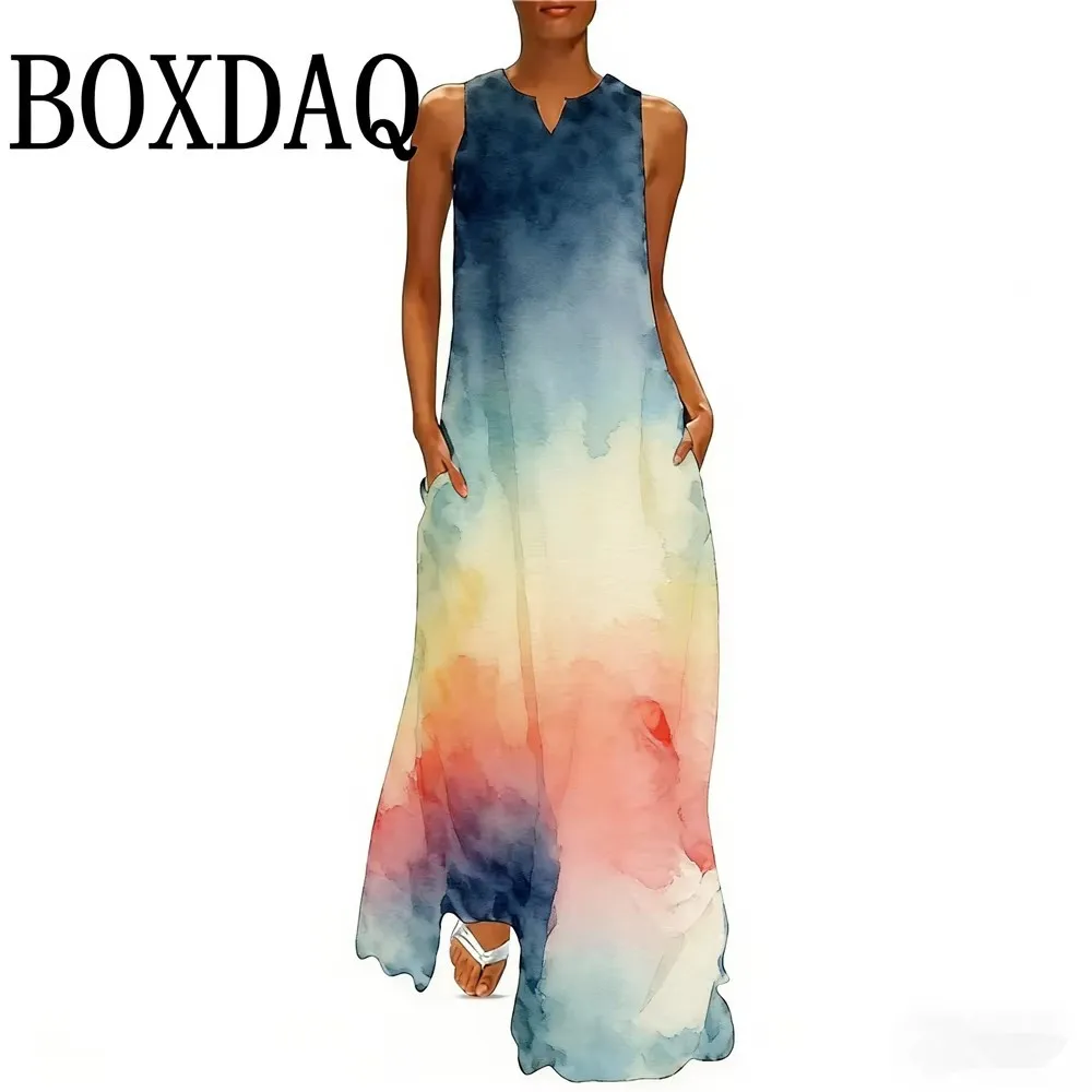 Women's Fashion Retro Printed Sleeveless Sexy Dress Summer Elegant Women's Ethnic Style V-Neck Loose Pocket Long Dress Vestidos