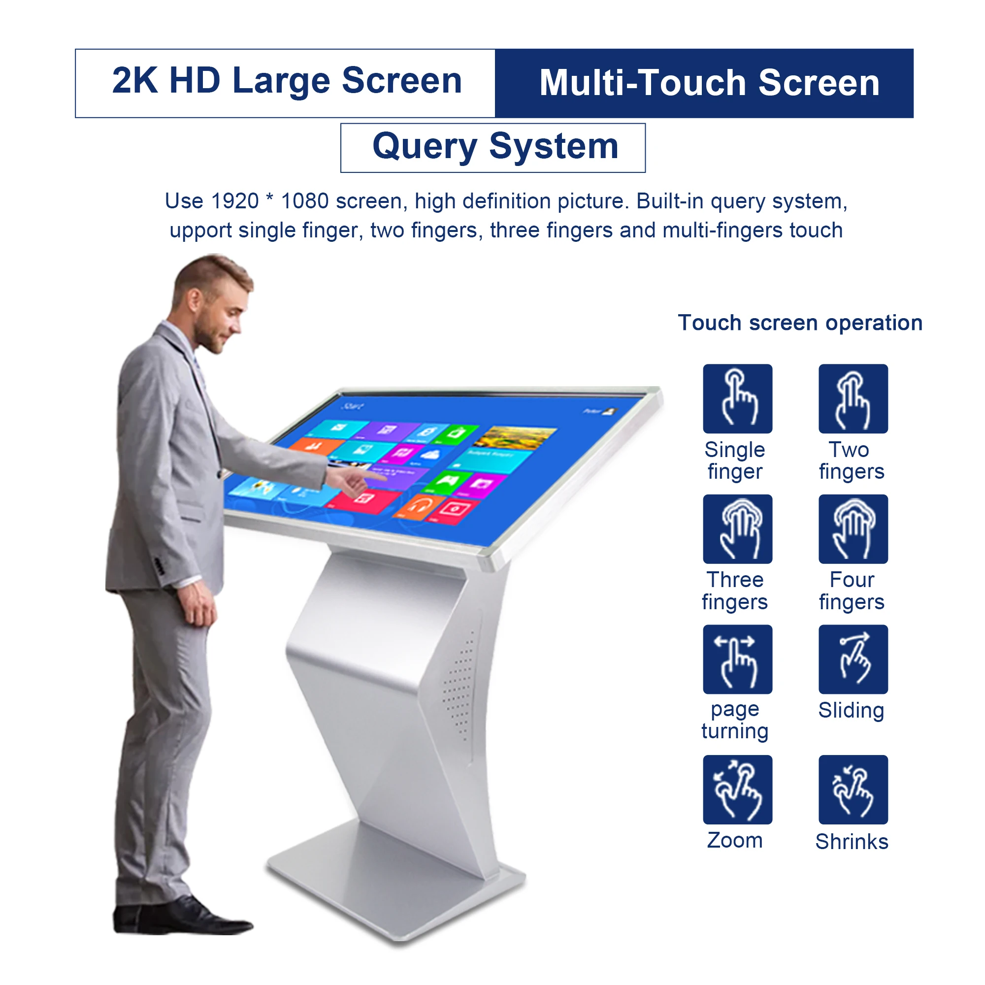 Chiosco per schermi tattili LCD per interni autoportanti video da 65 pollici Display pubblicitario Richiesta informazioni