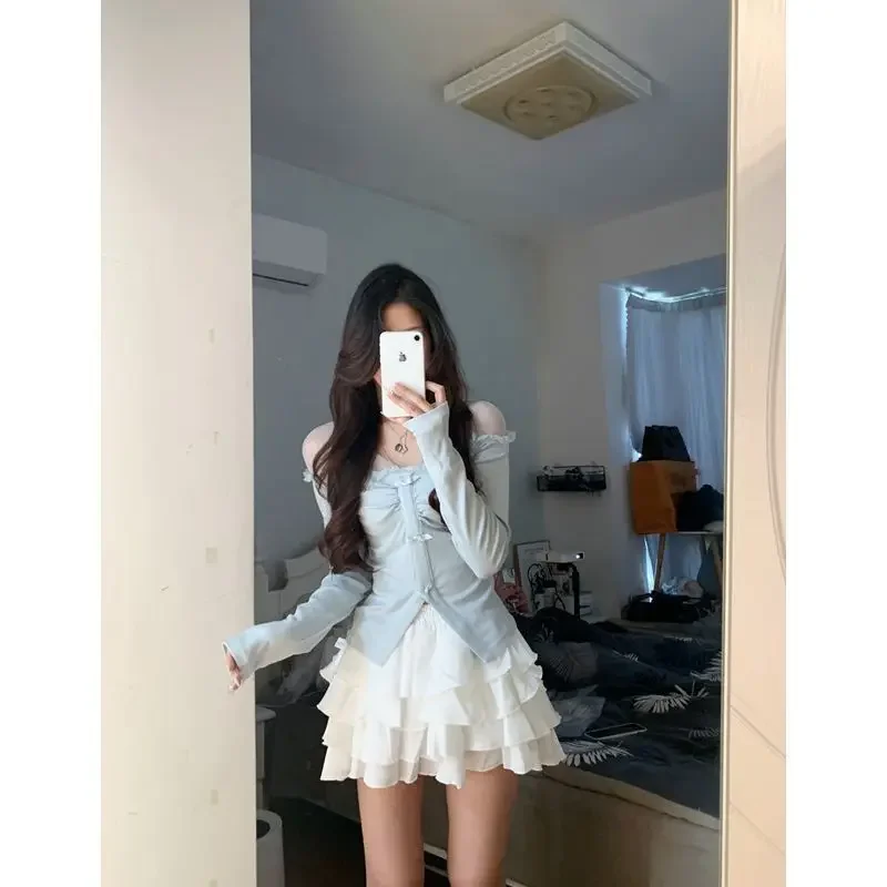 Sexy Short Party Dress Women Casual Long Sleeve Y2k Sweet Elegant Mini Dress Beach Style 2025 New Korean Summer 2 Piece Set