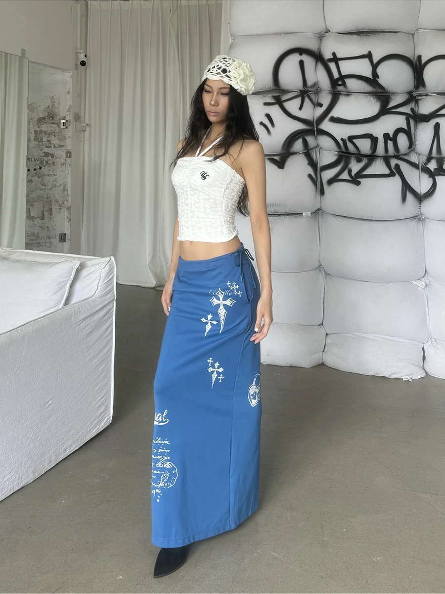 RORIRI Y2K Gyaru Harajuku Shoujo Rokken Blauw Print Brief Patroon Terug Split Rokken Elastische Taille Losse Rechte Bodems Rok