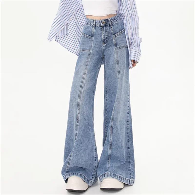 

Women's Patchwork Vintage Blue Wide Leg Jeans American Fashion Denim Trousers Bottoms Female High Waist Straight Loose Pants