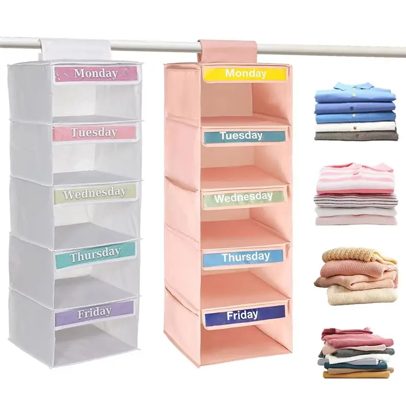 ABFU-Closet Organizer With 5 Shelves 5 Side Pockets- Weekly Clothes Organizer With Labeled Days Hanging Storage Shelves B