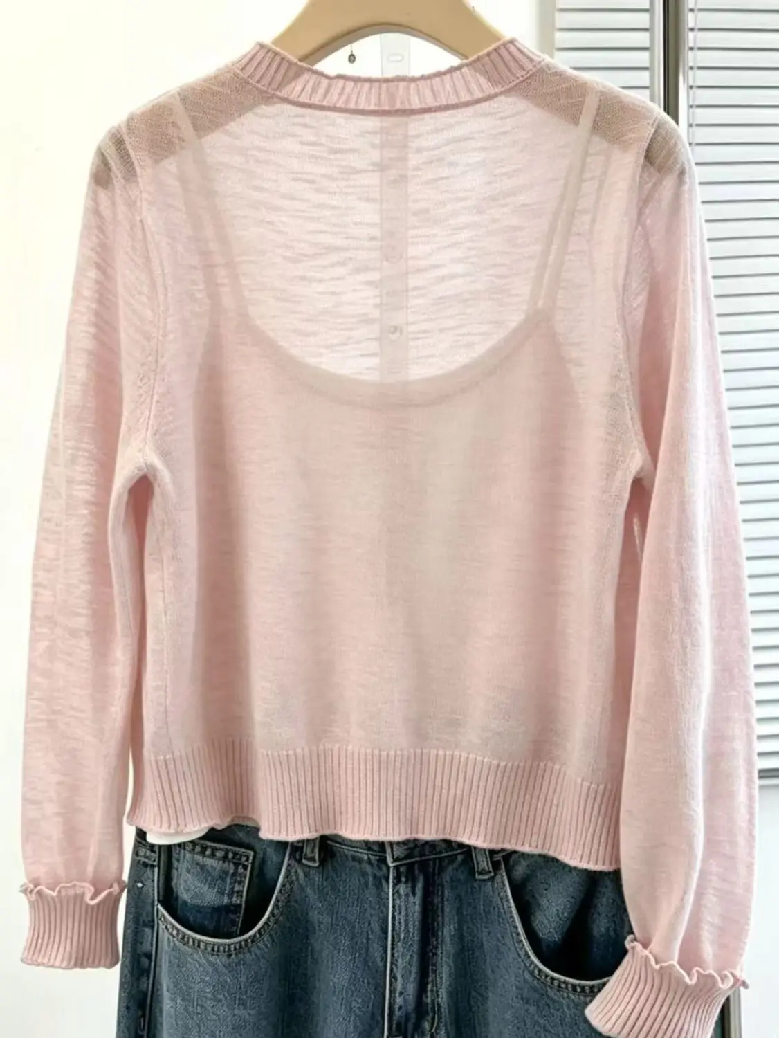 Women Long Sleeve Pink Knit Cardigan Heather Grey V‑Neck Ruffle Trim Sheer Summer Air‑Condition Cover‑up