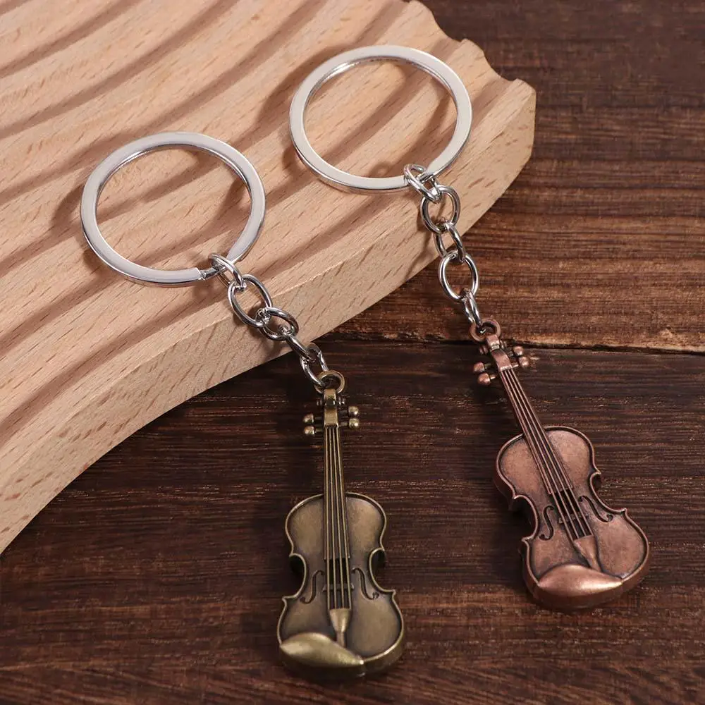 Copper Bronze Violin Key Chain Cello Mini Vintage Violin Keyring Classical Bag Charm Musical Instrument Pendant Gifts