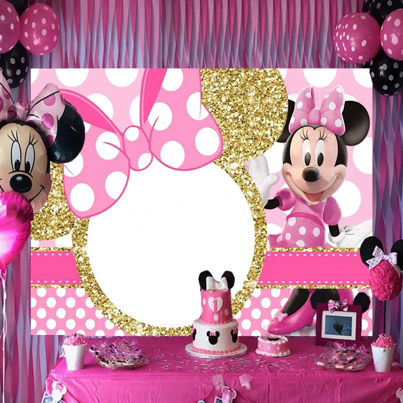 Disney Pink Gold Glitter Minnie Mickey Mouse Backdrop Photography Birthday Background Party Supplies Boys Girls Decoration