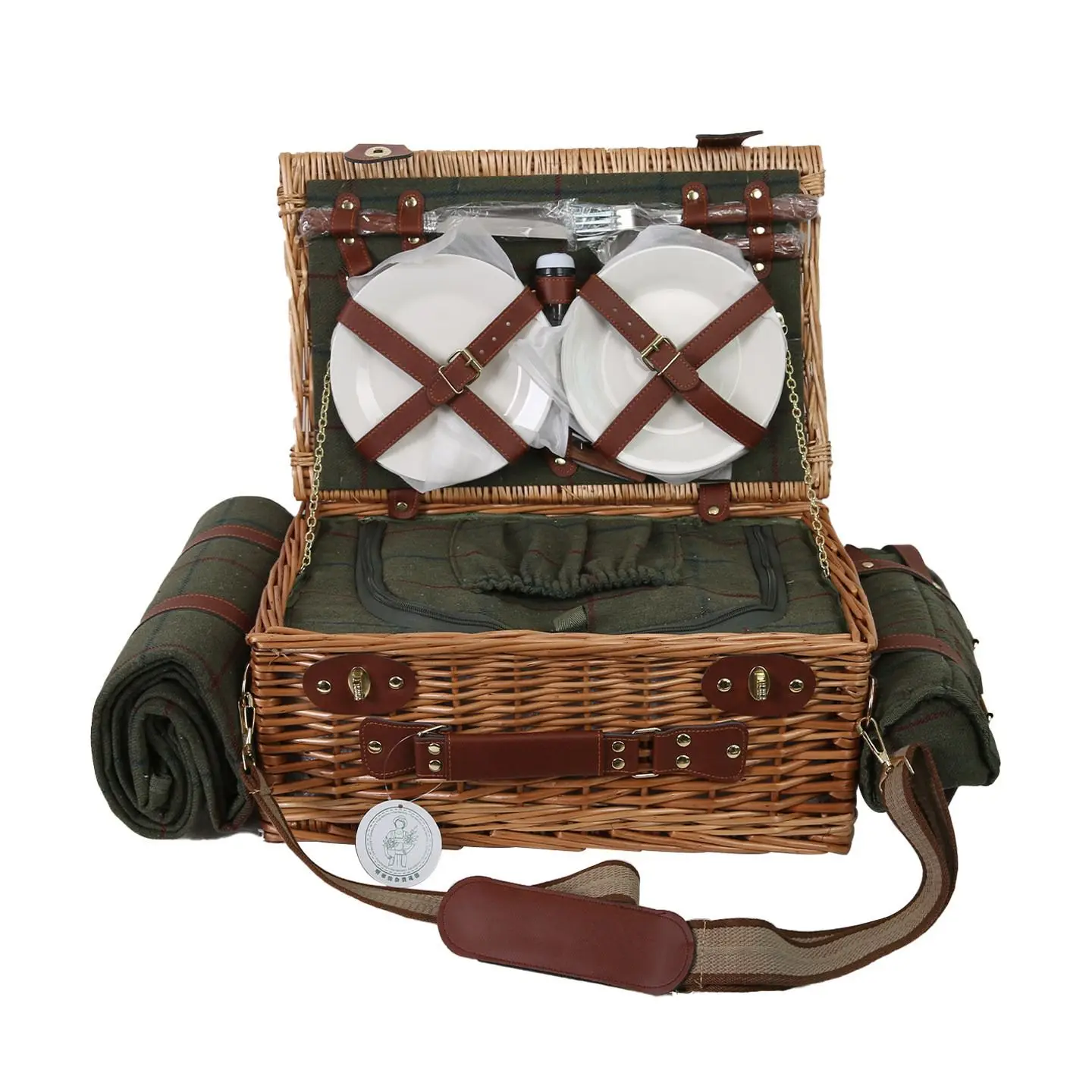 Traditional Willow Picnic Basket Set for 4, Wicker Picnic Hamper with Tableware, Cups, Napkins, Insulated Lining & Blanket
