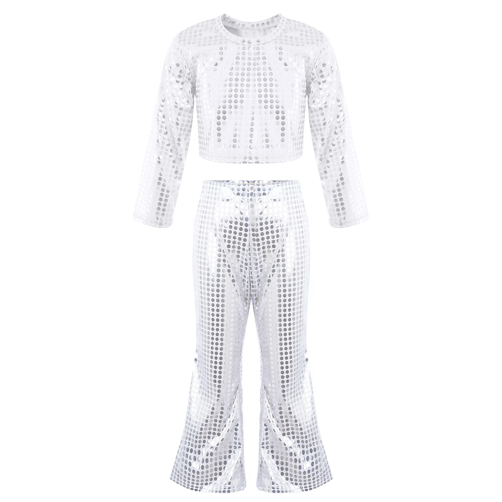 Kids Girls Jazz Hip Hop Dance Costume Shiny Long Sleeve Crop Top with Bell-bottoms Pants Disco Party Stage Performance Dancewear