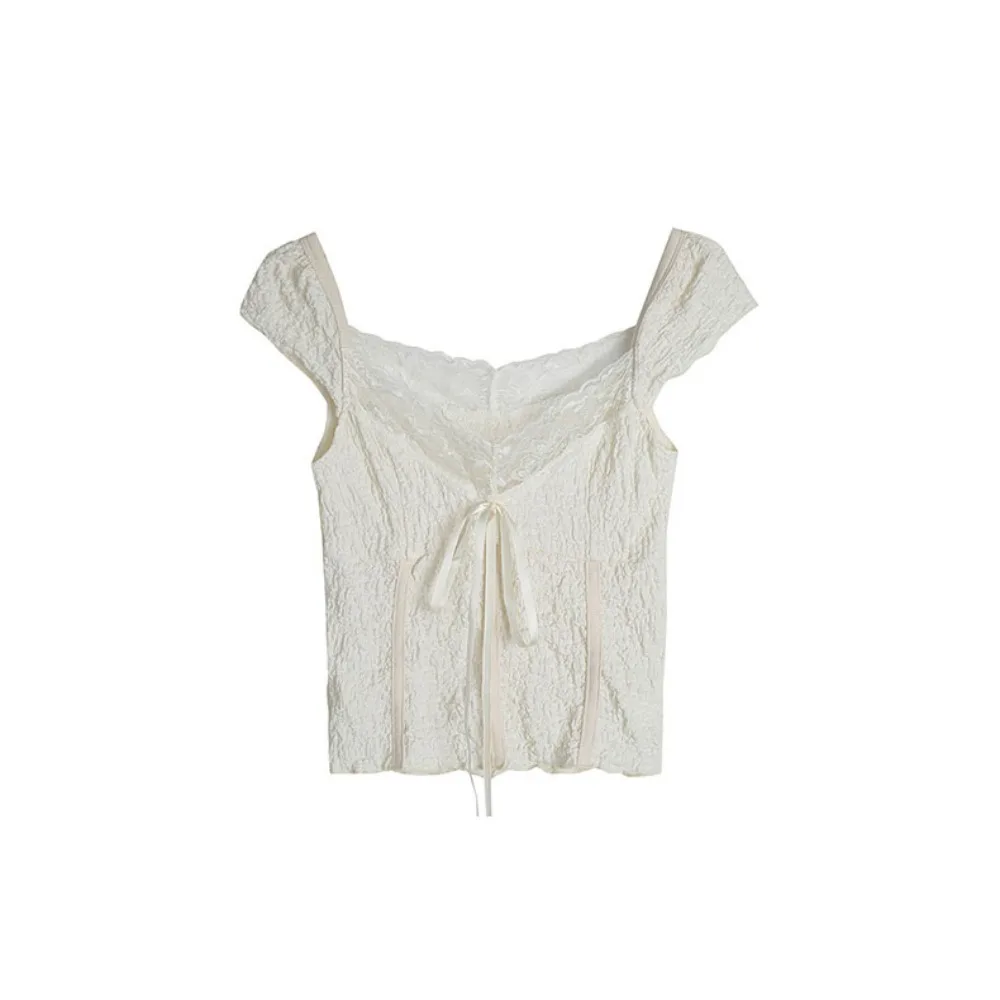 

Ins Sweet Slim Crop Top Женская одежда Нижняя рубашка Футболка с коротким рукавом Корейский стиль Пикантная футболка с кружевным бантом для девочек Лето
