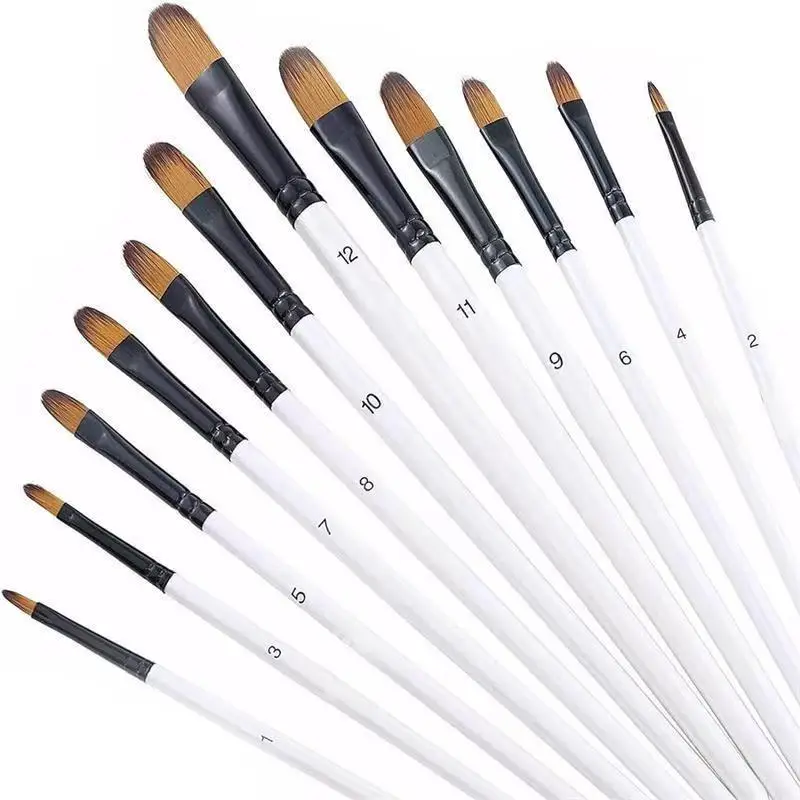 12Pcs/Set Nylon Hair Wooden Handle Watercolor Paint Brush Pen Set Learning DIY Oil Acrylic Painting Art Paint Brushes Supplies