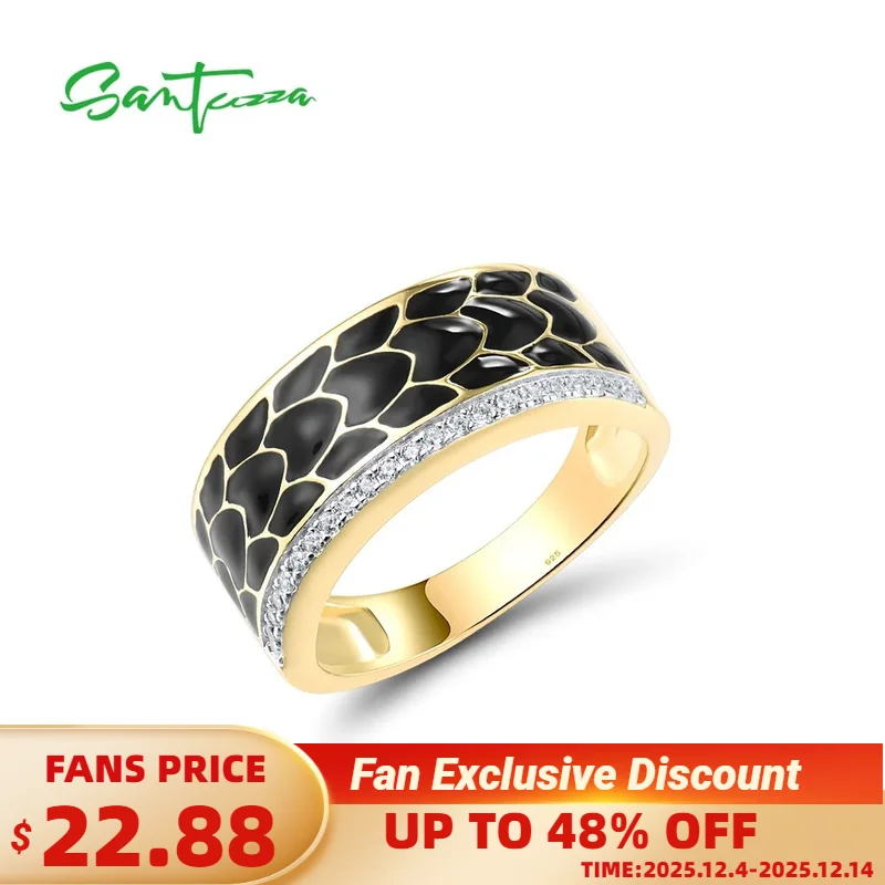 

SANTUZZA Authentic 925 Sterling Silver Ring For Women Sparkling White CZ Black Enamel Antique Design Fashion Gifts Fine Jewelry