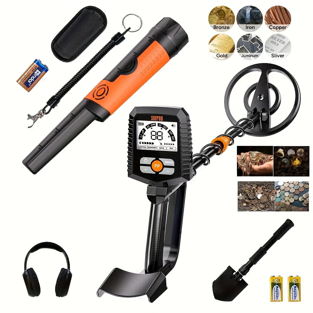 SUNPOW Metal Detector Kit with Pinpointer, 8"(20cm) IP68 Waterproof Coil High Accuracy, Lightweight LCD Display, Entry Level for Adults Kids, CE Certified Treasure Hunting