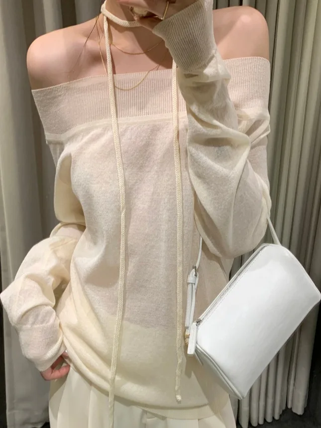 

Chic oulder Bared Thin Knitted Top Women's One oulder Neline Design Sensation Autumn New Sle Faionable Svel Top