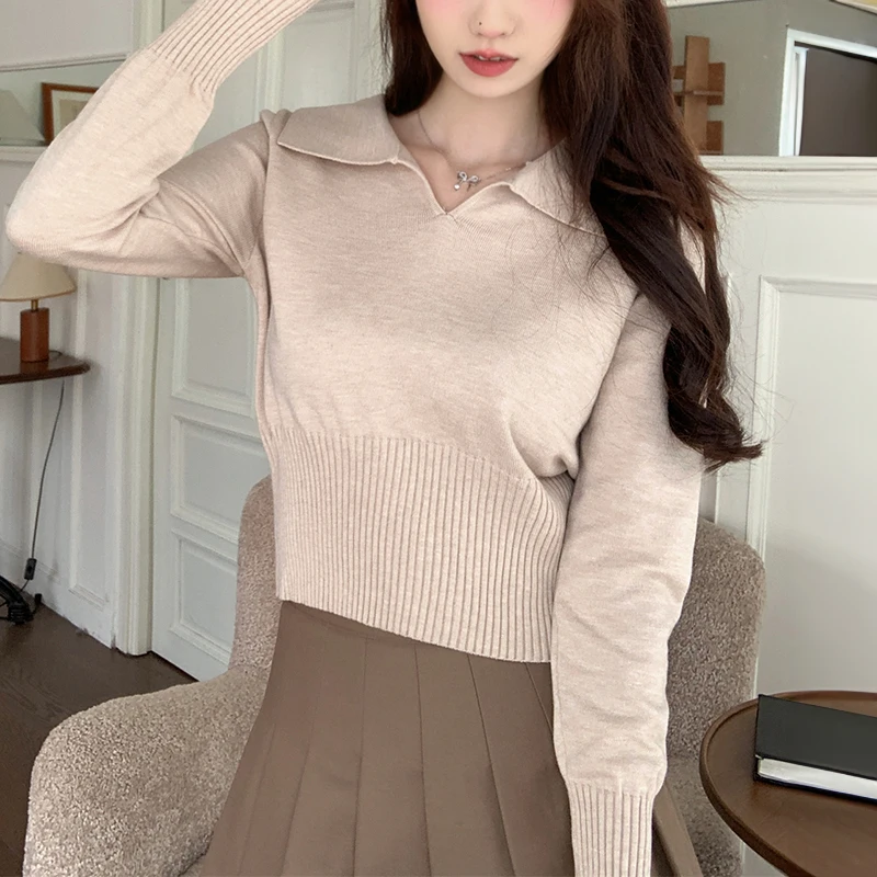 سترة قصيرة بياقة بأكمام طويلة للنساء بلوفر عادي متماسك ناعم رمادي للخريف والشتاء ملابس Y2K للمراهقات