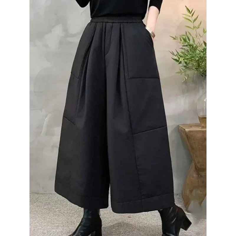 تصميم عصري بخصر مطاطي وخياطة واسعة الأرجل للنساء لخريف وشتاء 2025 سراويل تقليدية فضفاضة وتنحيف