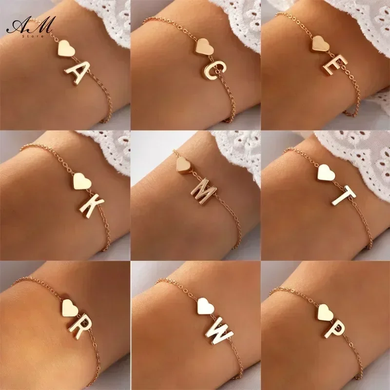 26 English Initial Letter Bracelets for Lovers Women Men DIY Personalized Name Alloy Heart-shaped Bracelets Jewelry Anniversary