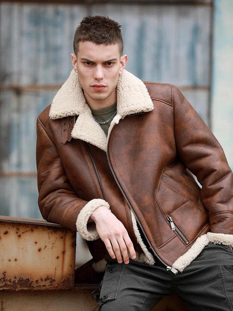 New Winter Fashion Cloth Men\'s Pilot Coat Genuine Sheepskin Shearling Leather Jacket for Male Motorcyclist High Street Brown 5XL