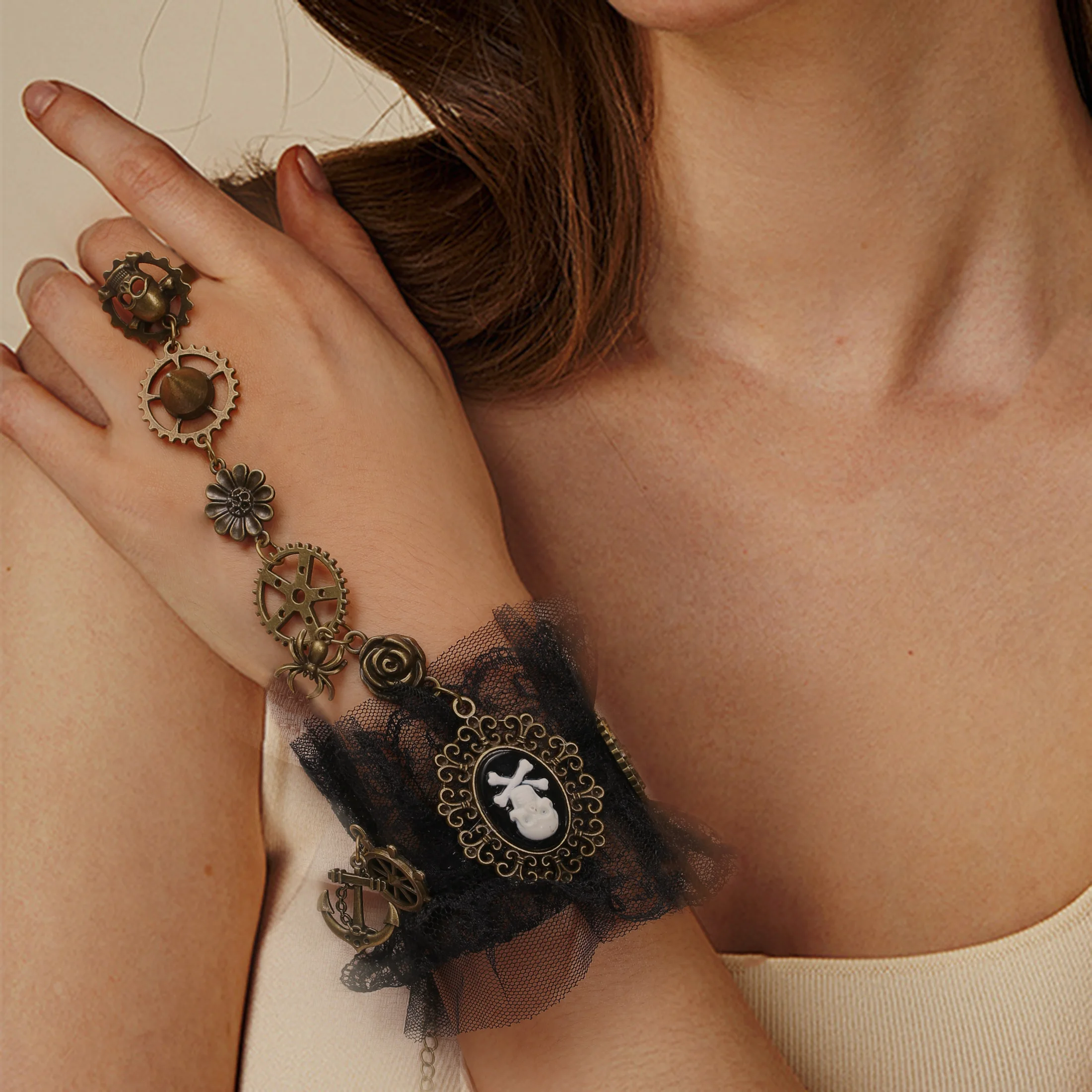 

Steampunk Black Lace Cuff Bracelet with Gear and Skull Pendants for Women