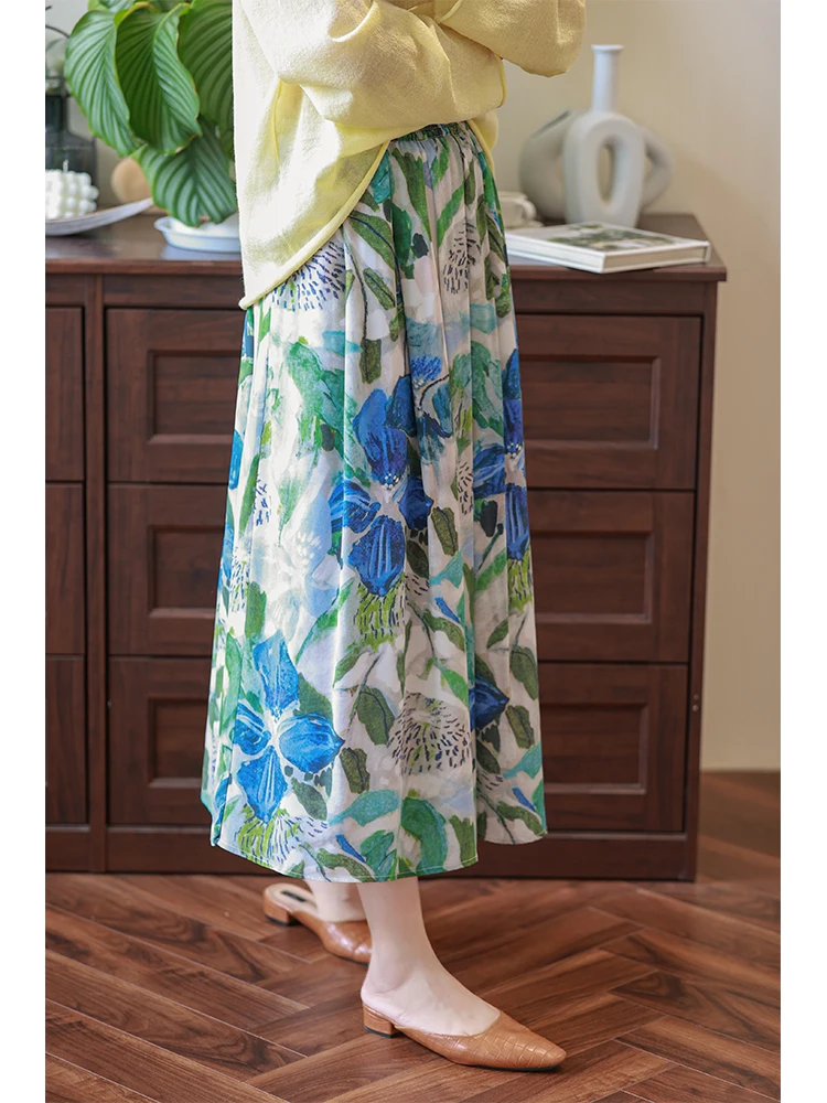 

Ele Large Floral Print Silk Chiffon f Skirt Elastic Waist A-Line Summer Skirt Casual Wear Ladies' Commute Sle