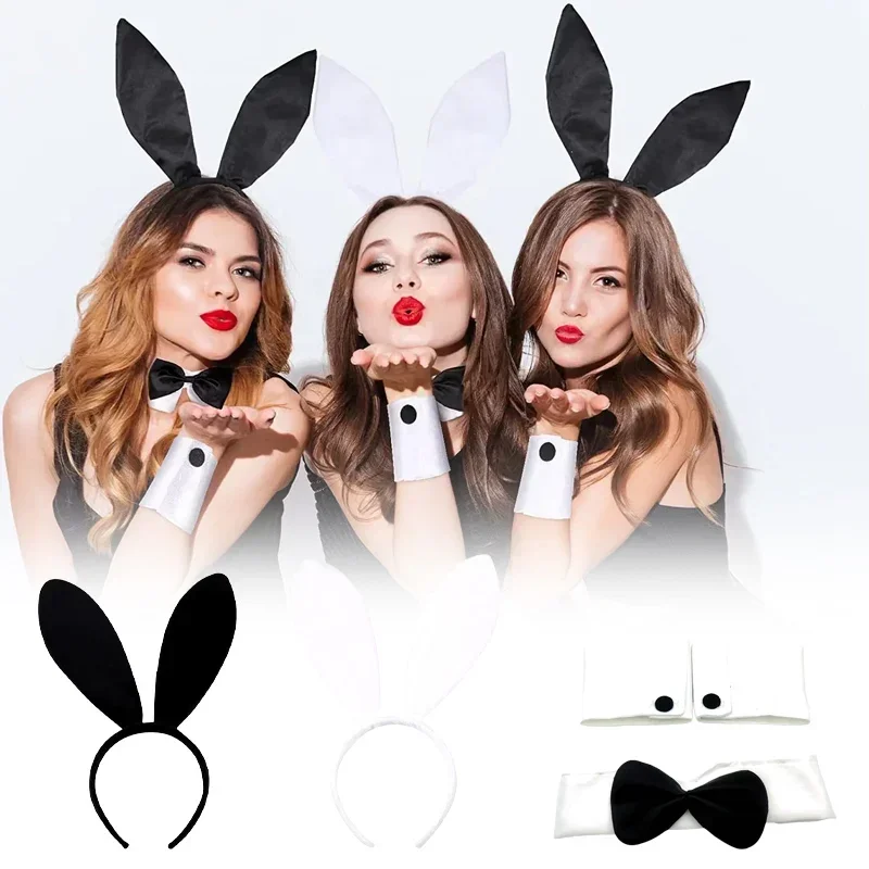부활절 토끼 귀 머리띠를위한 검은 토끼 귀 머리띠 플레이 보이 토끼 할로윈 의상 코스프레 머리띠 세트