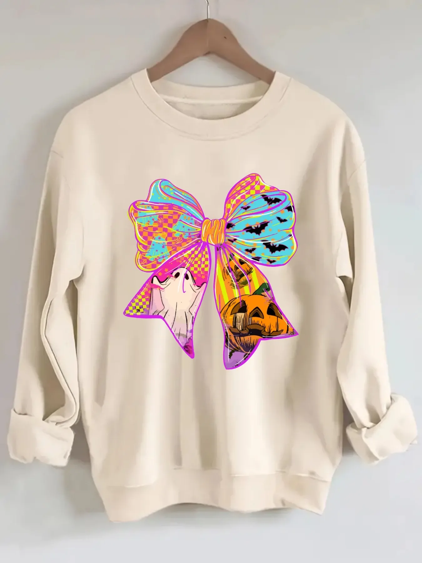 Women's Crew Neck Pullover Sweatshirt Halloween Bow Print Design, Soft Casual Long Sleeve, Daily Casual Top Outfit, Winter Women's Clothing, Halloween Costume Outfit