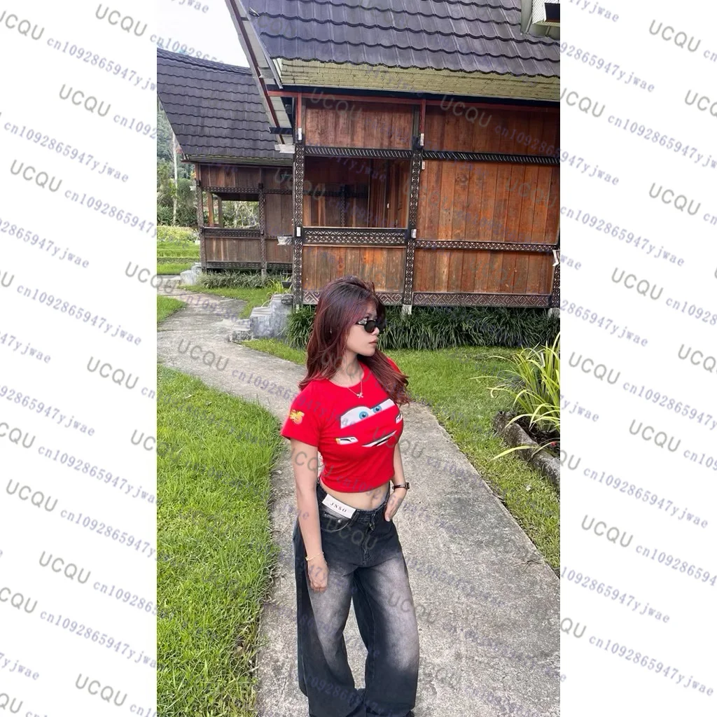 أزياء المرأة المحاصيل المحملة البرق ماكوين سيارات طباعة ثلاثية الأبعاد المرأة تي شيرت قصير الأكمام الشارع الشهير Y2K فضفاض ملابس النساء غير رسمية