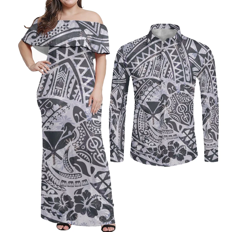 HYCOOL Hawaiian Island Couples Matching Outfits Tribal Print Long Off The Shoulder Dress For Women Grey Polynesian Dress Elegant