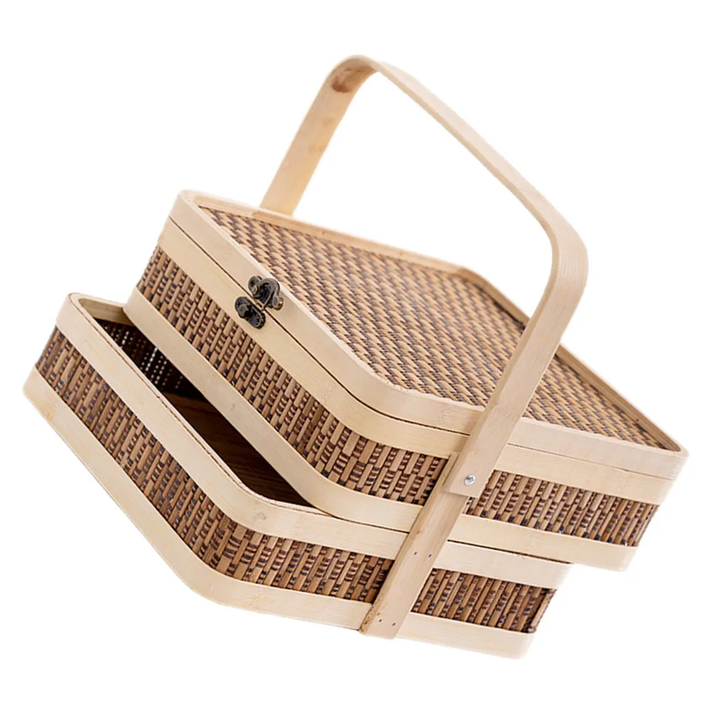 

Handheld Woven Storage Basket Double-Layer Bamboo Picnic Basket For Fruits Bread Snacks Sundries Portable Rustic Dessert Holder