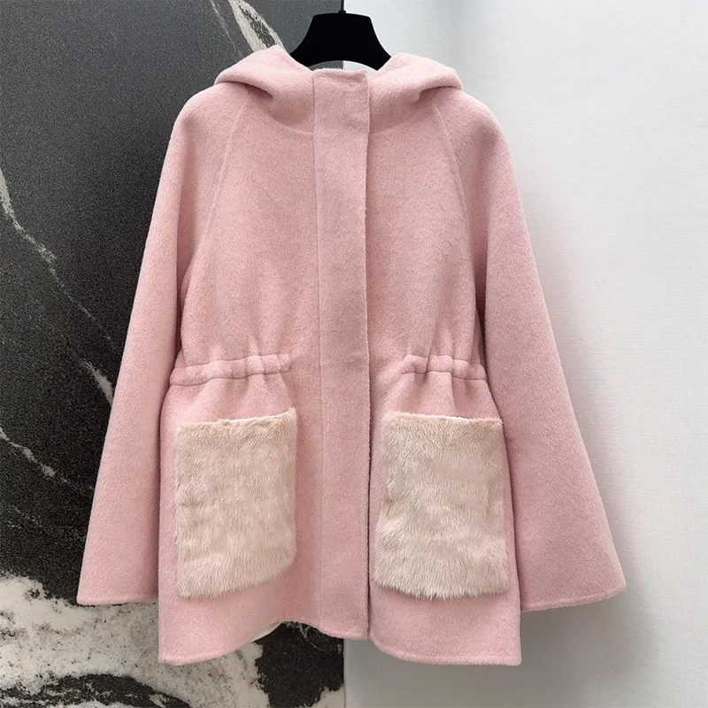 

High-quality mink fur pocket women's drawstring belted hooded coat wool jacket outerwear Soft pink 2592593