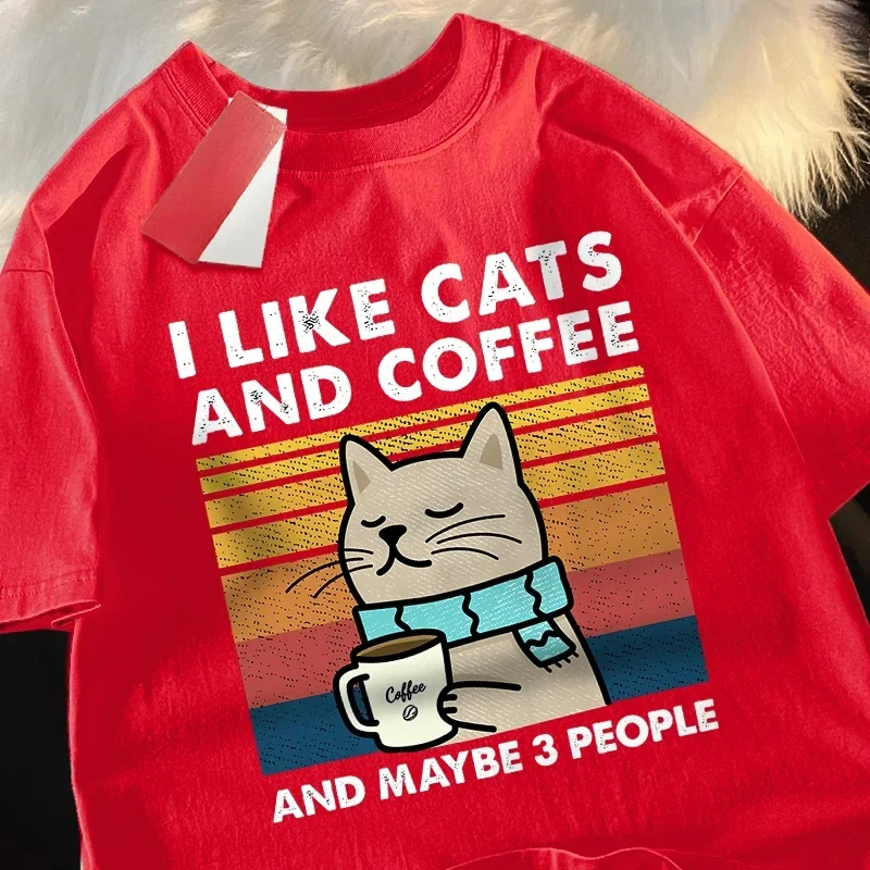أنا أحب القطط والقهوة الرجال النساء تي شيرت القطن المحملة الملابس الهيب هوب فضفاض التي شيرت موضة Crewneck تي شيرت الشارع الشهير زوجين