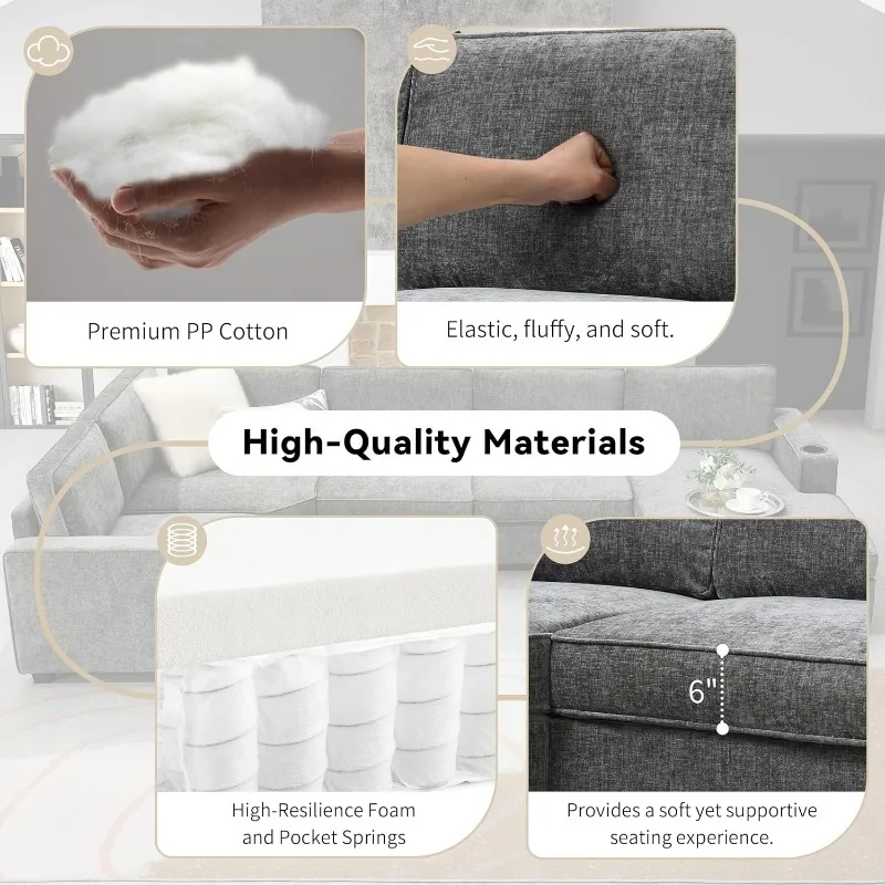 طقم أريكة سحابة حديث على شكل حرف U مع صالة تشيس كبيرة الحجم، مع حامل أكواب لغرفة المعيشة باللون الرمادي الداكن