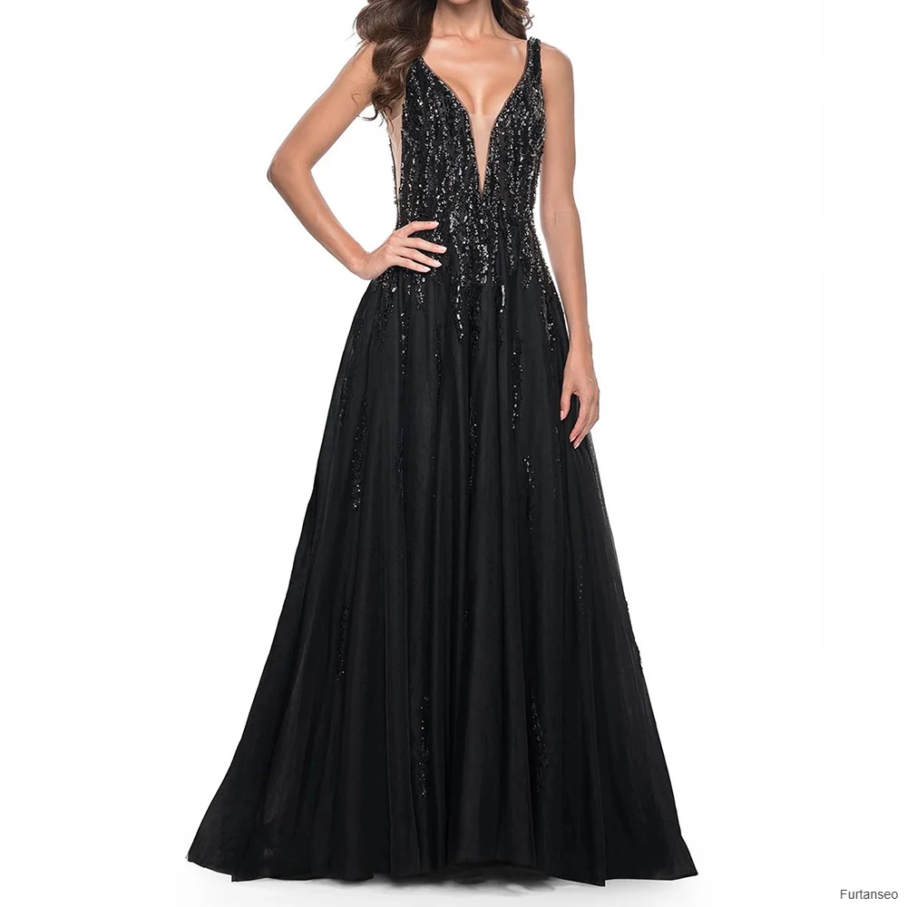 

A-line Women's Evening Dresses Floor-length V-neck Sleeveless Prom Gown Fashion Sequined Backless Lace-up Customized Gowns