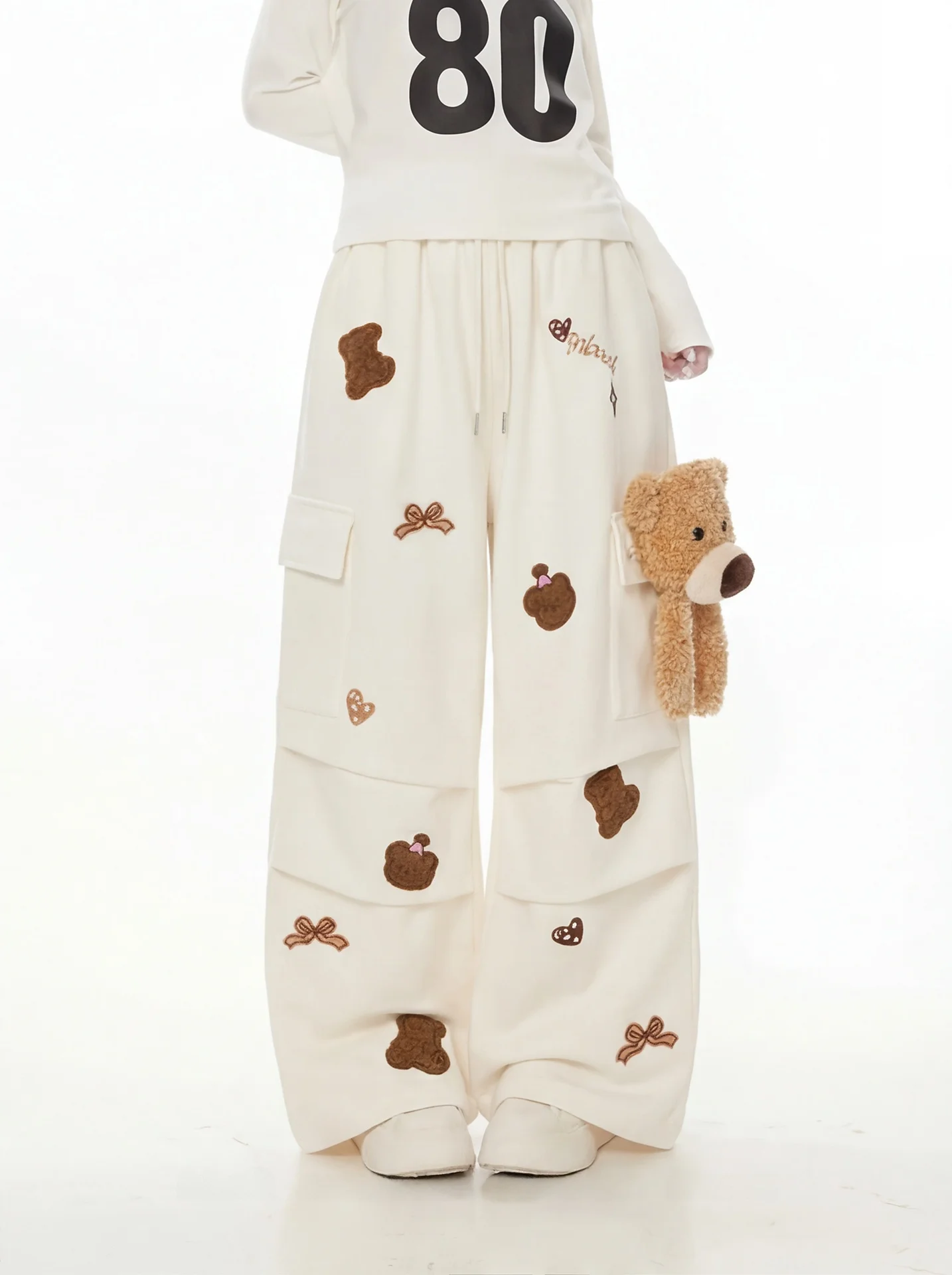 

Cute Bear Embroidery Casual Wide Leg Pants Women Loose Multi Pocket Workwear Trousers Cartoon 3D Decoration Comfortable Long ...