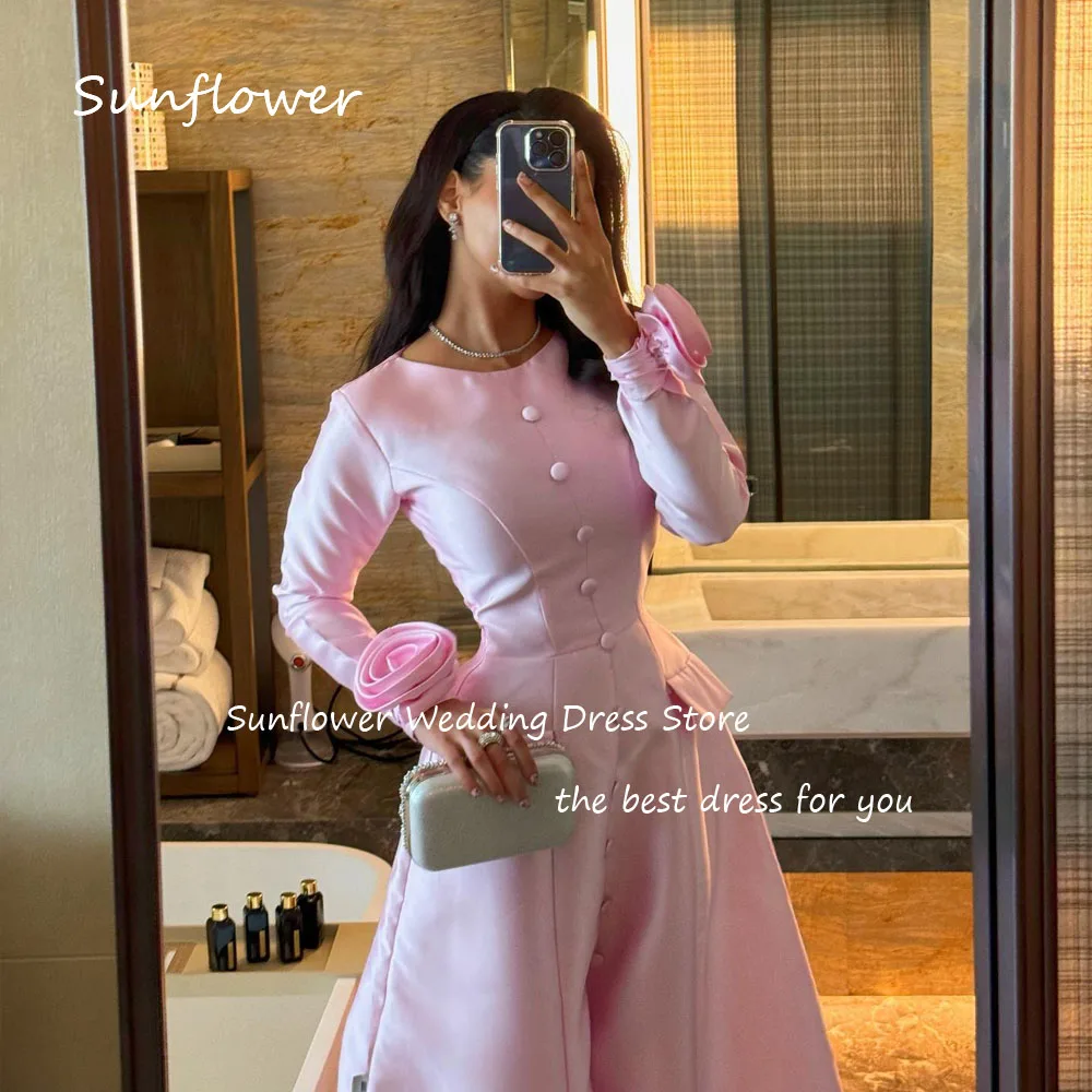 Sunflower Simple Pink O-Neck A-LINE Prom dress 2024 Slim Long Sleeve With 3D Flowers Satin Ankle-Length Formal Evening Dress