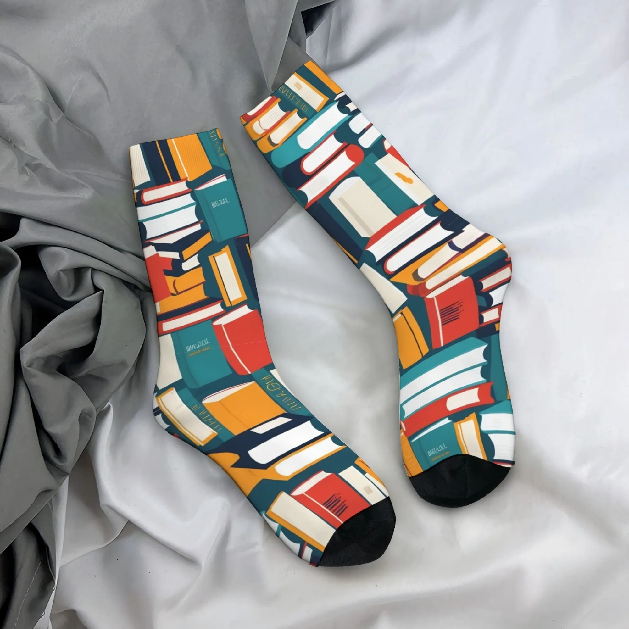 1 Paar Herren-Kompressionssocken mit Buchmotiv, Regenbogen-Bücherregal und Bibliotheksdruck, Buchrückenmuster, bequem für Buchliebhaber
