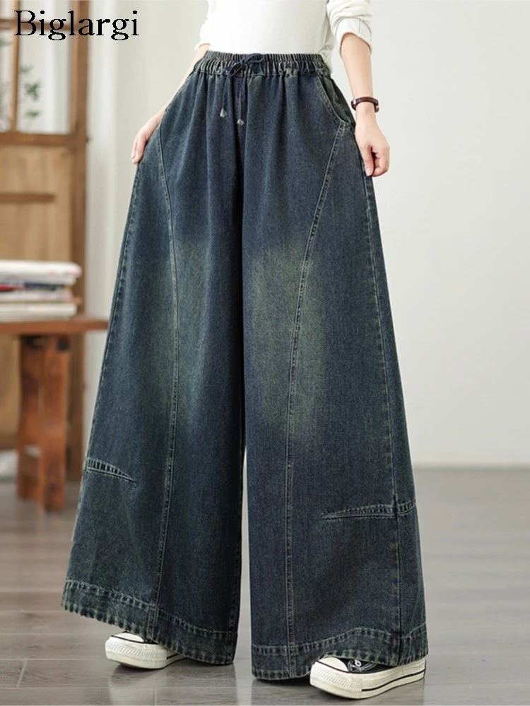 

Oversized Jeans Retro Autumn Pant Women Wide Leg Loose Pleated Fashion Ladies Trousers Elastic High Waist Casual Woman Pants