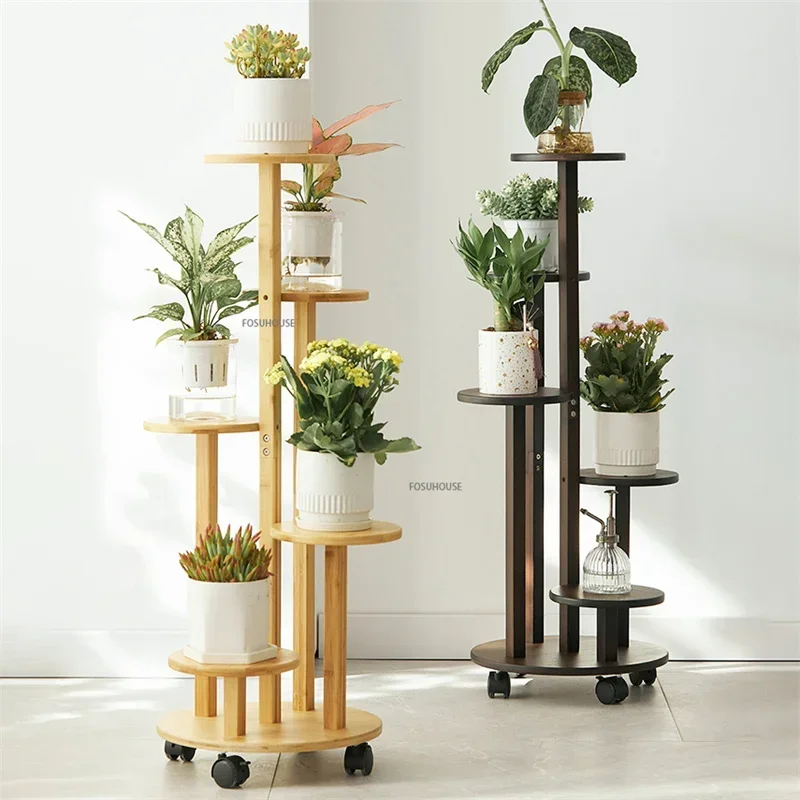 Nordic Bamboo Plant Stand Living Room Floor Multi-layer Flower Shelf with Wheels outdoor Balcony Flower Pot Stand Furniture Z