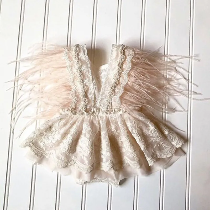 Baby Girls Lace Romper Dress Newborn Photography Props clothing  Feather Embroidery Princess Party Toddler Infant Outfit