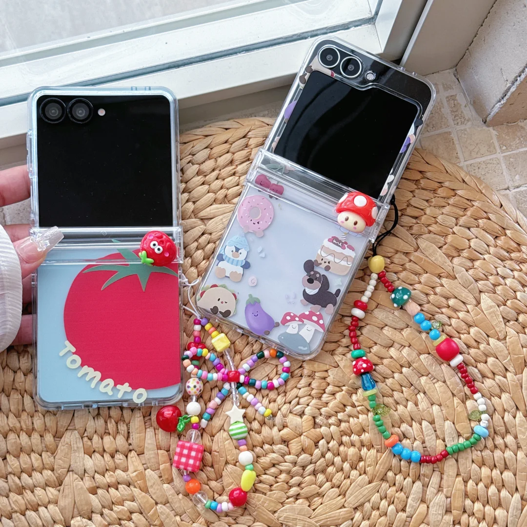 

3D Tomato Dachshund animal stand Phone Case with Bracelet Pendant for Samsung Galaxy Z Flip 3 4 Z Flip5 Zflip6 ZFlip 7 fe Cover