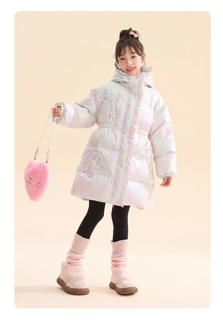 Langer Daunenmantel mit Kapuze für Mädchen, 90 % weiße Entendaunen, warmer Winterparka mit Spitze und Rüschen, winddichte, dicke Oberbekleidung für Teenager und Kinder, A5123 – Detail 12