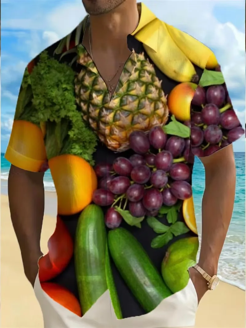 

Men's Colorful Fresh Fruit Veggie Print Cuban Collar Shirt Short Sleeve Button Up Hawaiian Shirt Funny Food Print shirt for Men