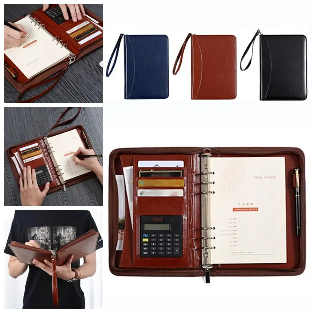 

Portable File Folder 6-Ring PU Leather Work Record Book Zippered Closure Card Holder Loose Leaf Notebook Business Meeting