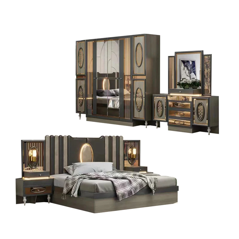 &Contemporary Home Wood Frame Doule King Size Bed Leather Headboard Modern Wooden Cheap Luxury Full Bedroom Furniture Set