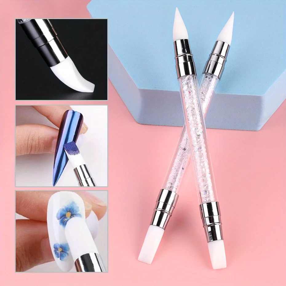 2pcs Double Head Silicone Nail Art Pen Carving Flower Sculpting Pen Adjustable Glue Stick Embossing Brush Professional Manicure